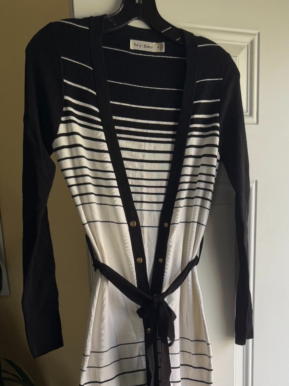 🏁 My Bou Black & Ivory Striped Snap-Front Midi Sweater Dress